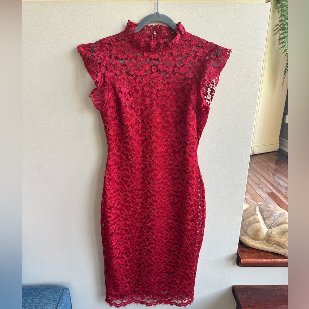 Enfocus Studio Wine Red Lined Lace Dress sz 8 Chinese Style Knee Length High Nec